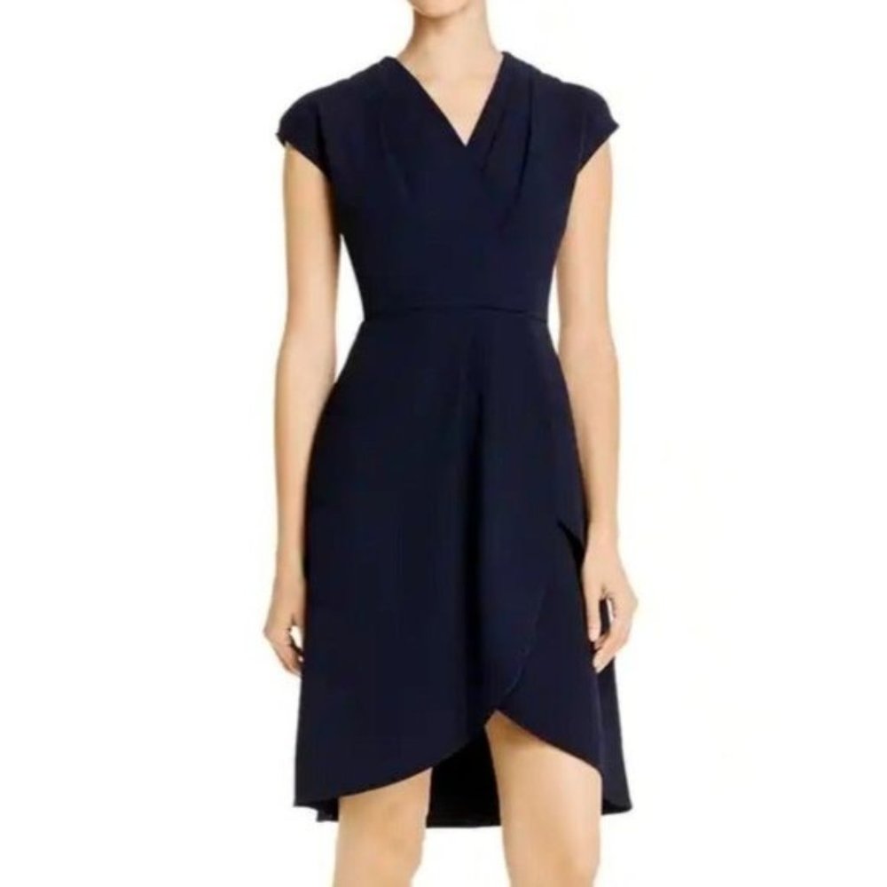 Nanette Nanette Lepore Fit & Flare Dress VNeck Faux Wrap Navy Blue 6 NWOT